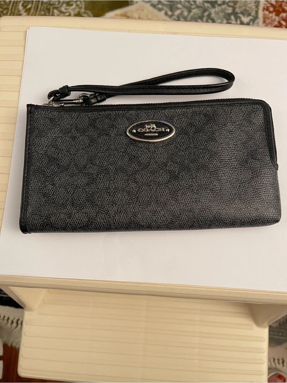 Coach Black Signature Zip Wristlet with Silver Plaque